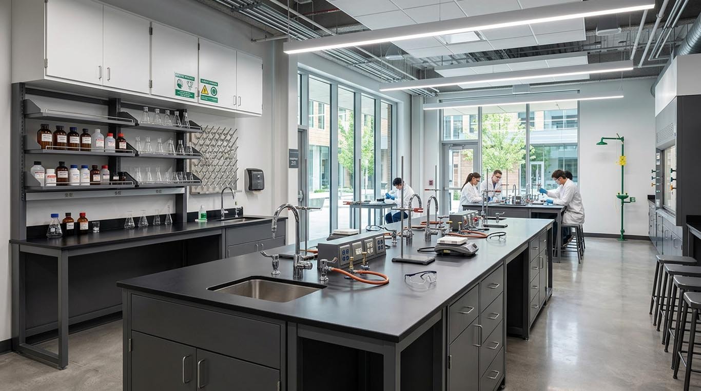 wall bench laboratorium kimia dan island bench