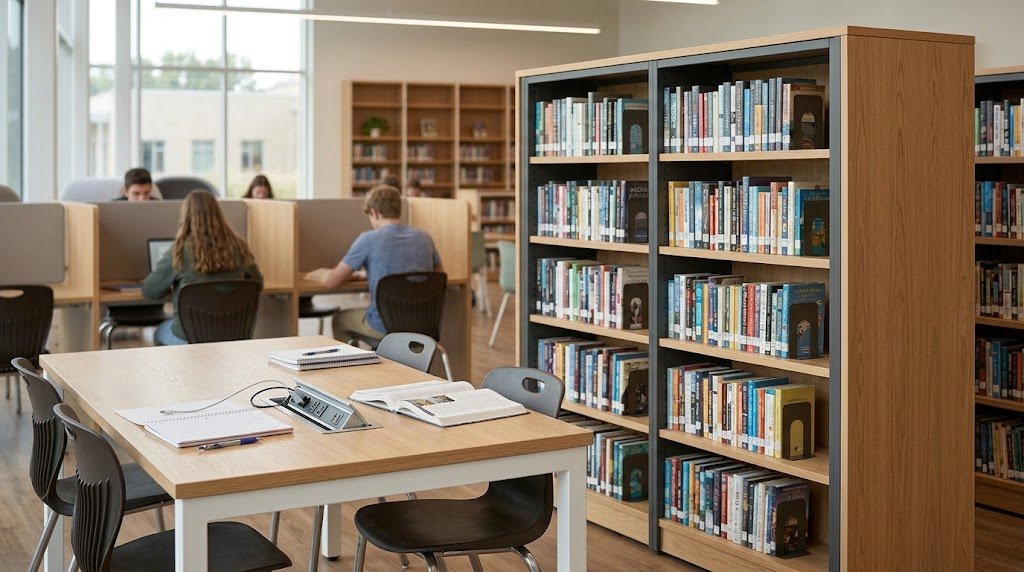 desain perpustakaan sekolah minimalis zonasi ruang baca modern furnihub