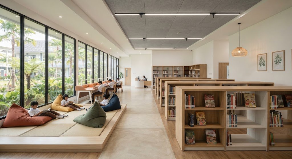 Desain perpustakaan sekolah minimalis modern dengan rak buku modular dan area baca lesehan